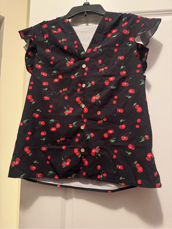 SHEIN Tops - SHEIN Black Cherry-Print Button Down Blouse